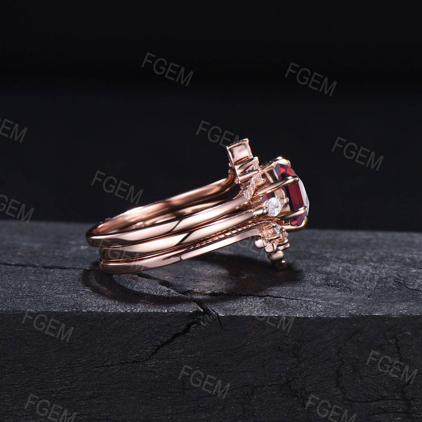 July Birthstone Wedding Ring Set 3pcs Hexagon Cut Red Ruby Gemstone Jewelry 1ct Sterling Silver Ruby Bridal Set Anniversary Gift For Women
