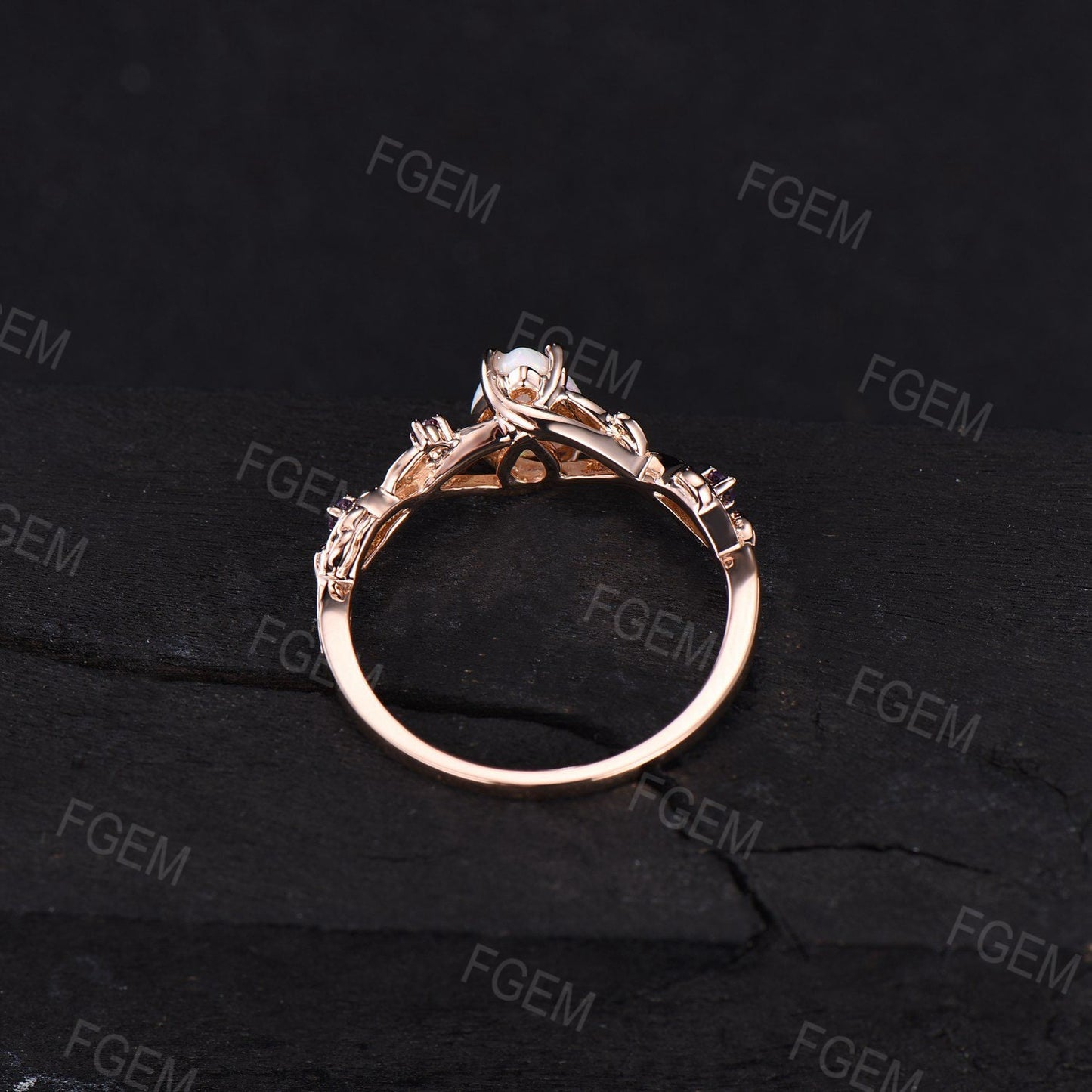 Leaf Opal Engagement Rings Vintage 14K Rose Gold 1.25ct Pear Shaped Unique Nature Inspired Opal Wedding Ring Set Green Emerald Wedding Band
