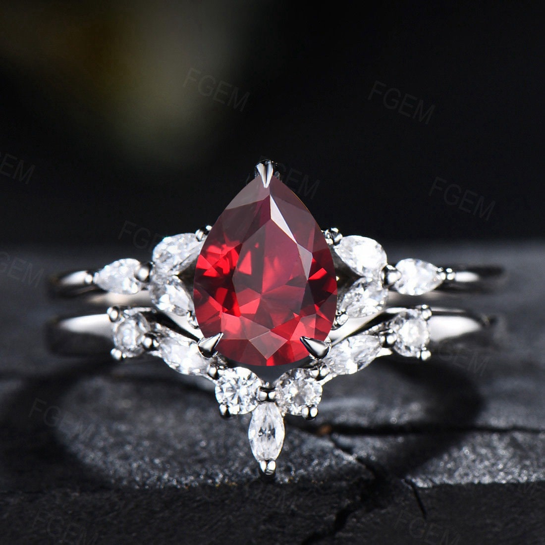 Sterling Silver Red Ring Set 1.25ct Pear Shaped Ruby Engagement Ring Set Anniversary/Birthday /Wedding Gift Women July Birthstone Jewelry