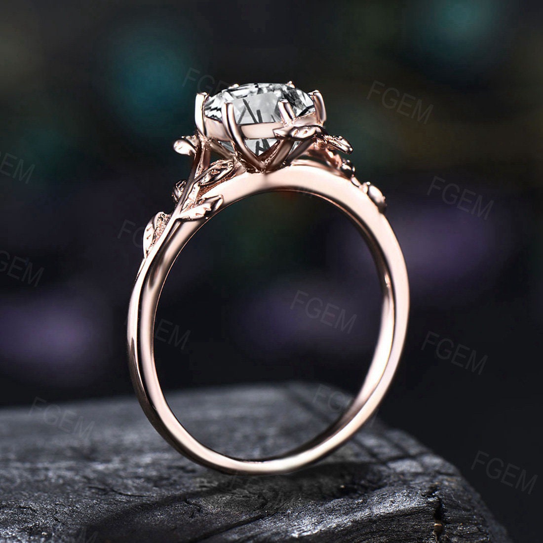 1ct Hexagon Natural Black Rutilated Quartz Ring Black Gemstone Ring Hexagon Engagement Ring Nature Inspired Leaf Black Rutile Solitaire Ring