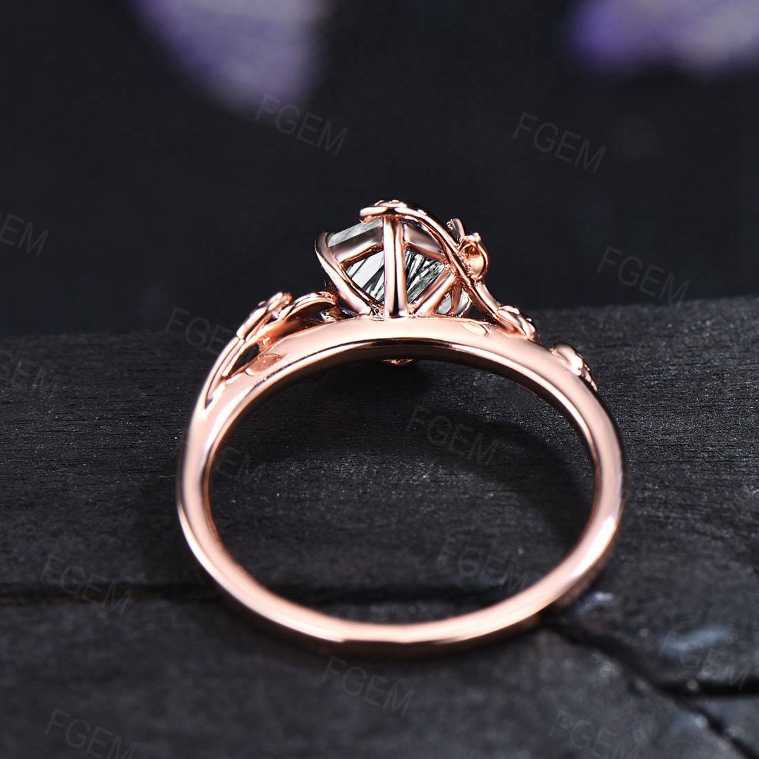 1ct Hexagon Natural Black Rutilated Quartz Ring Black Gemstone Ring Hexagon Engagement Ring Nature Inspired Leaf Black Rutile Solitaire Ring