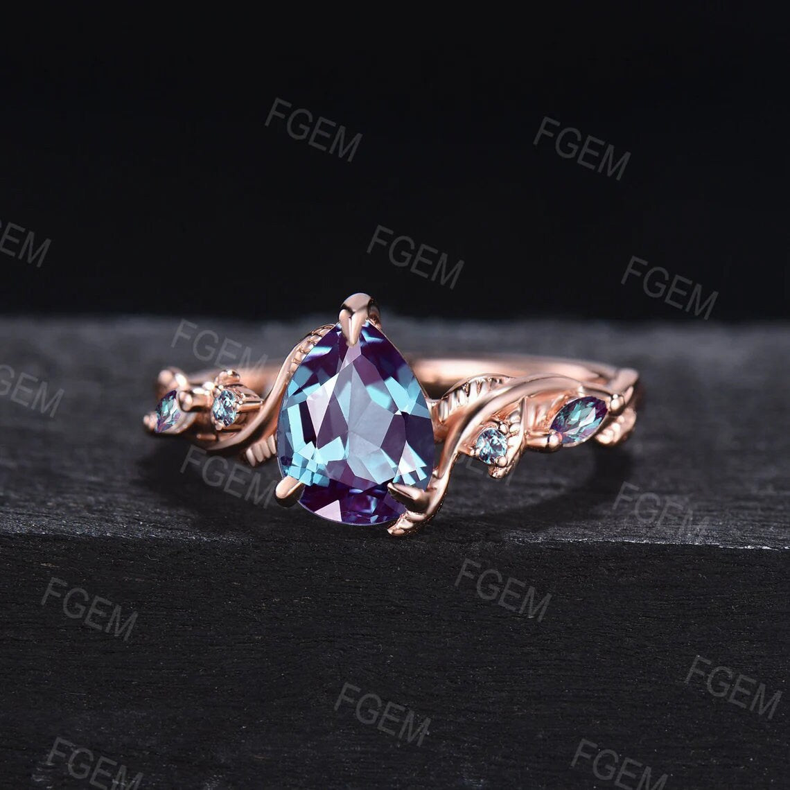 Unique Alexandrite Twist Leaf Ring 1.25ct Teardrop Alexandrite Engagement Rings Twig Vine Branch Nature Inspired Ring June Birthstone Gifts