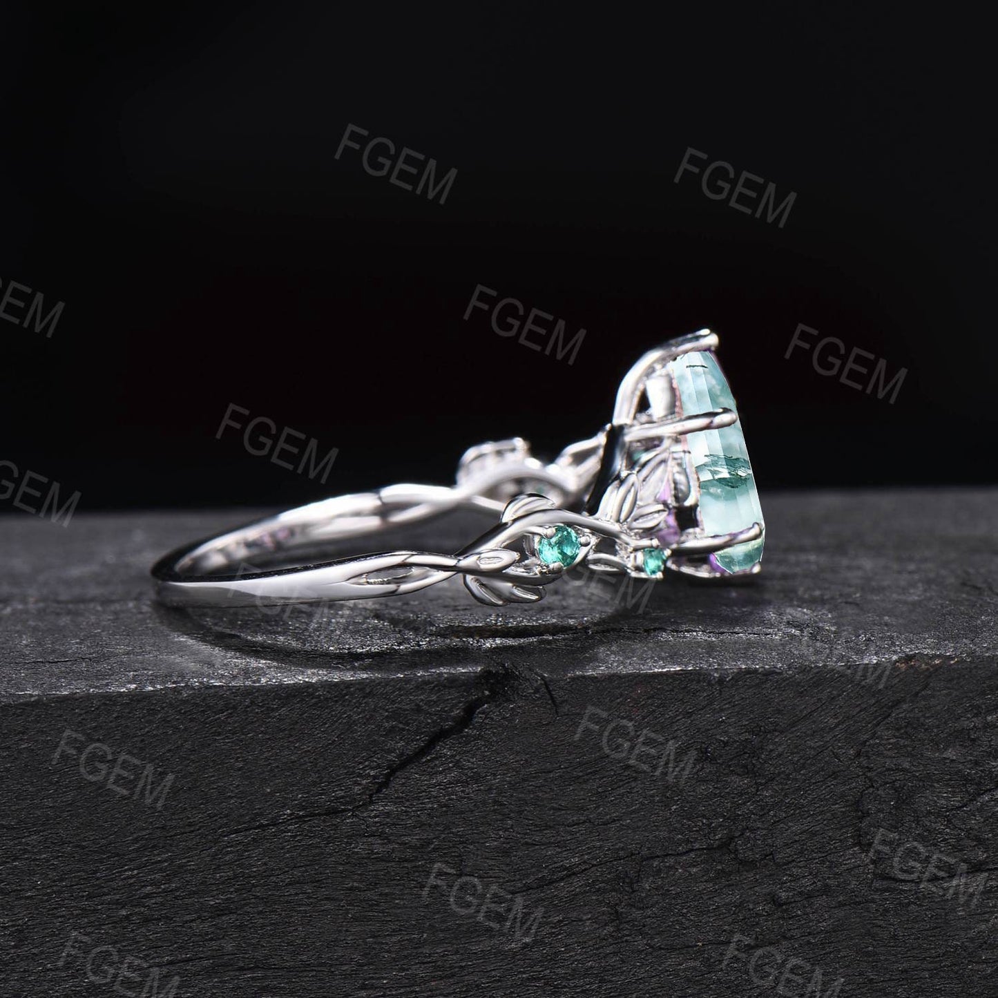Nature Inspired Kite Cut Moss Agate Ring 14k Rose Gold Natural Moss Agate Leaf Engagement Ring Emerald Vine Wedding Ring Unique Promise Gift