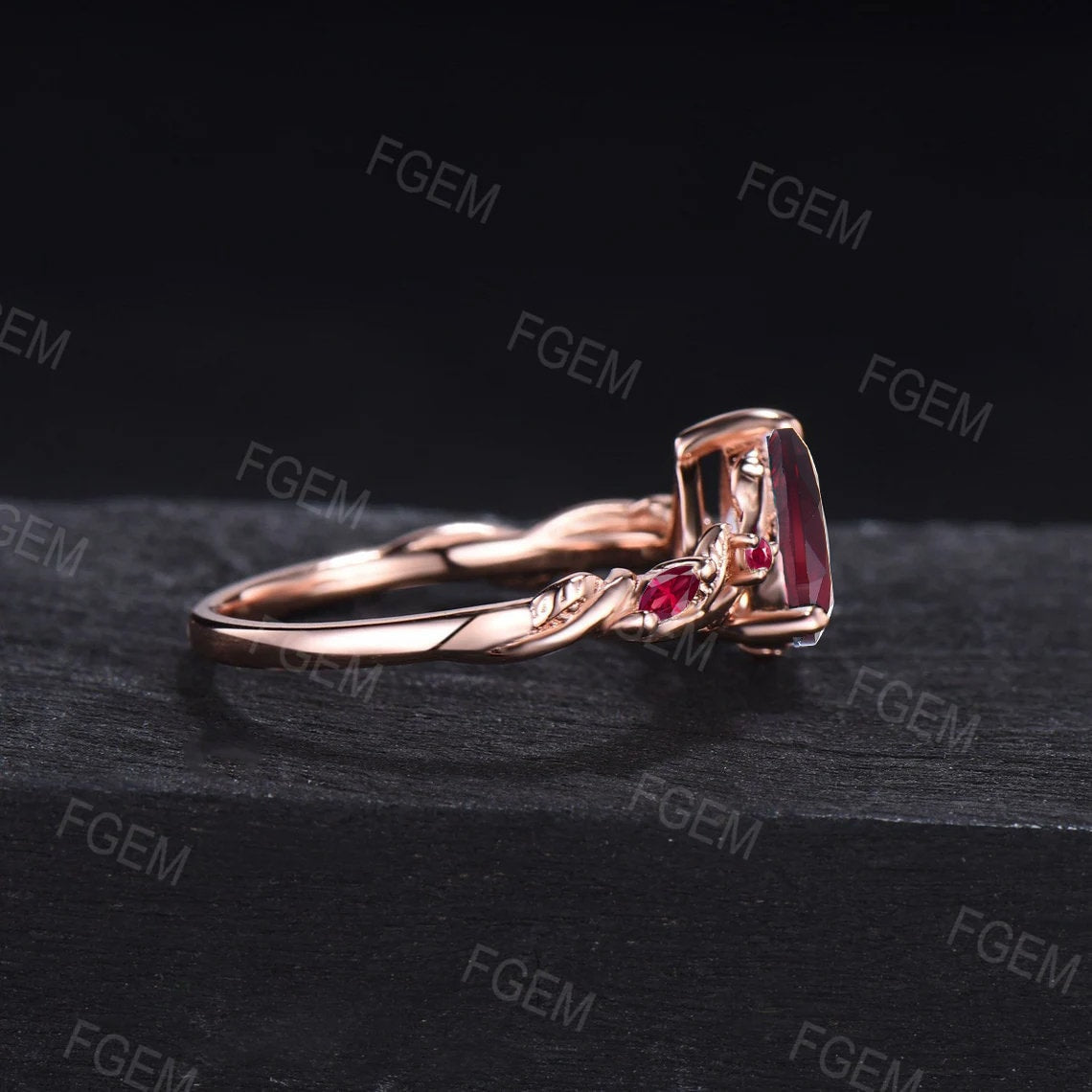 Twist Leaf Red Ruby Ring 1.25ct Pear Ruby Gemstone Jewelry 10K Rose Gold Nature Inspired Ruby Engagement Ring July Birthstone Christmas Ring