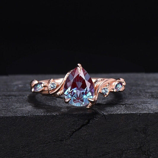 Unique Alexandrite Twist Leaf Ring 1.25ct Teardrop Alexandrite Engagement Rings Twig Vine Branch Nature Inspired Ring June Birthstone Gifts