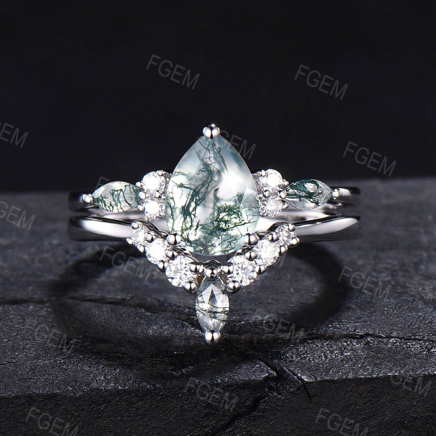 1.25ct Pear Shaped Natural Moss Agate Engagement Ring Set Sterling Silver Green Moss Ring Set Promise Ring Healing Gemstone Gift for Women