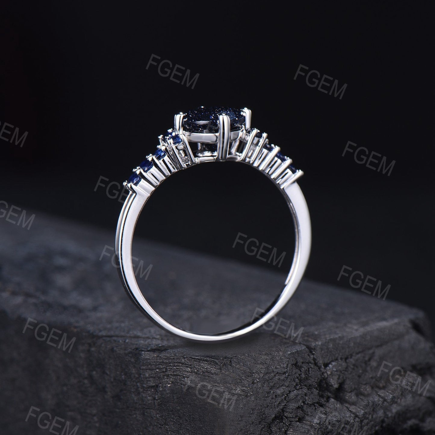 7mm Round Cut Starry Sky Blue Sandstone Engagement Rings Blue Sapphire Wedding Ring Unique Handmade Proposal Gifts for Women Platinum Ring