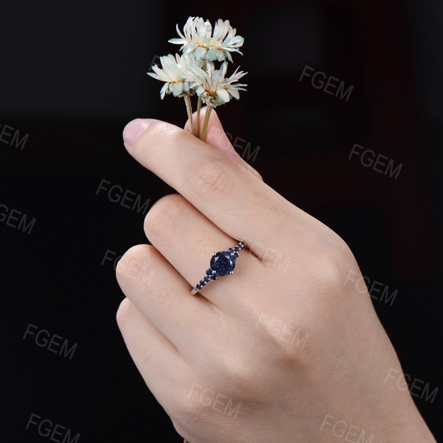 7mm Round Cut Starry Sky Blue Sandstone Engagement Rings Blue Sapphire Wedding Ring Unique Handmade Proposal Gifts for Women Platinum Ring