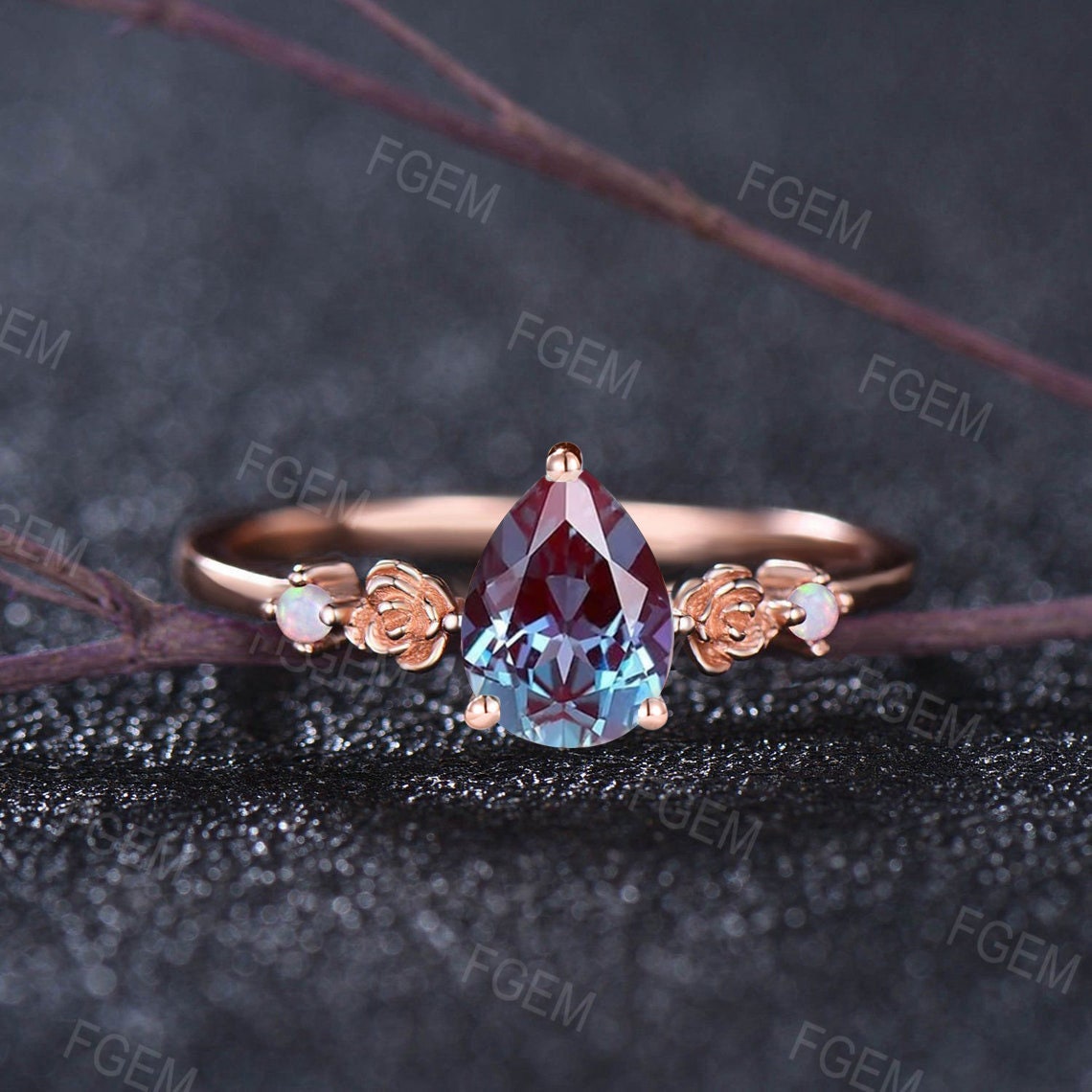 June Birthstone Engagement Ring Vintage 10k Rose Gold Nature Inspired Flower Alexandrite Opal Bridal Ring Unique Proposal/Valentine's Gifts