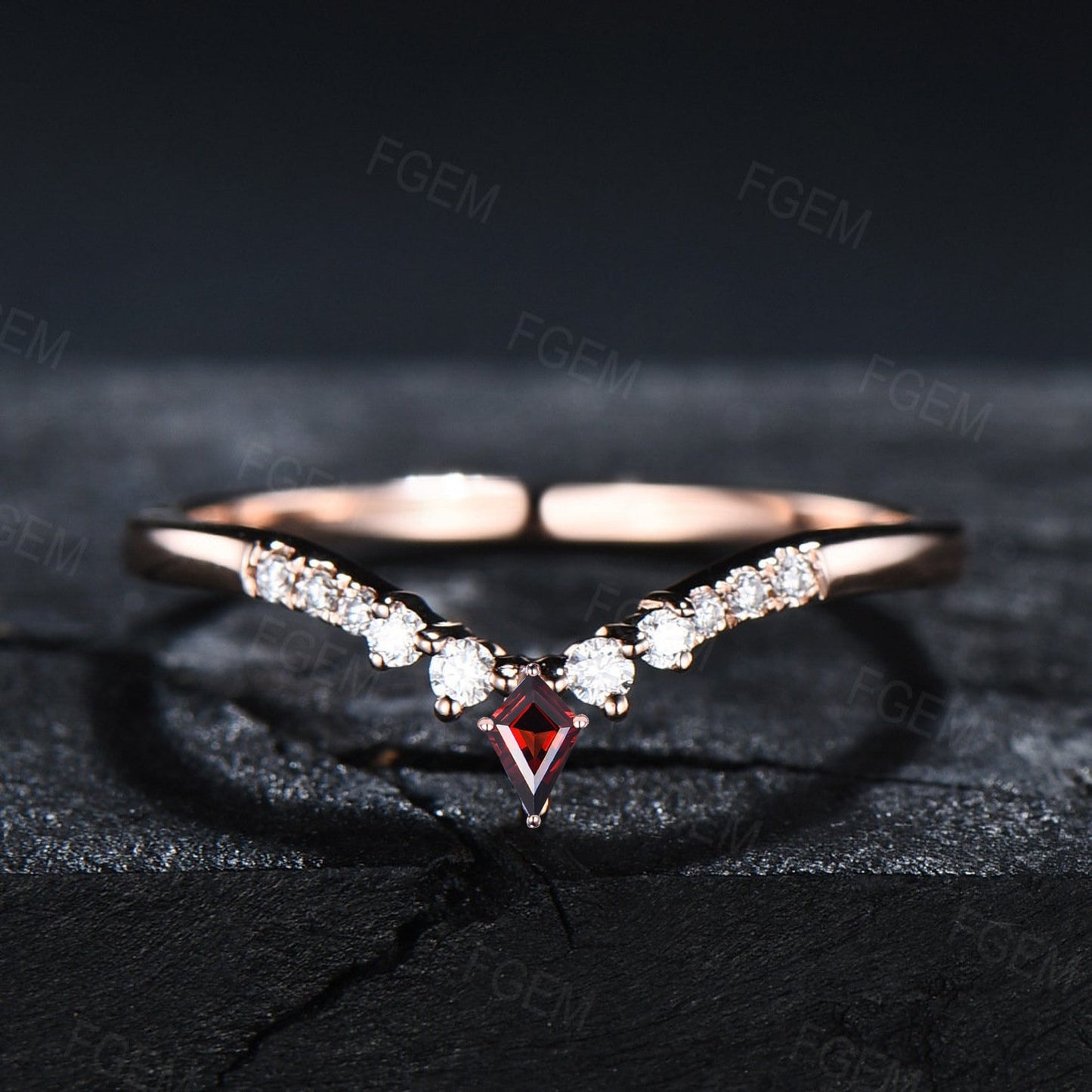 Curved Kite Red Ruby Wedding Band Art Deco Dainty Vintage Rose Gold Chevron Band Moissanite Matching Stacking Ring Unique Anniversary Band