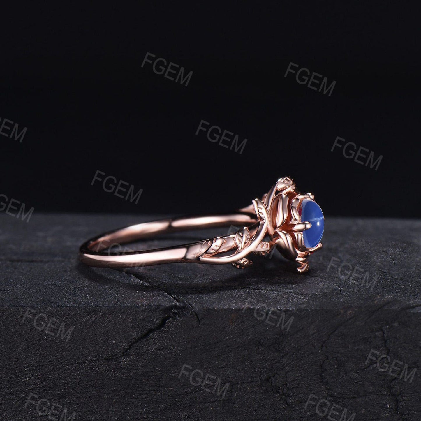 Rose Flower Engagement Ring Round Blue Star Sapphire Wedding Ring Floral Blue Star Ring Nature Inspired Leaf Blue Sapphire Ring Unique Gifts