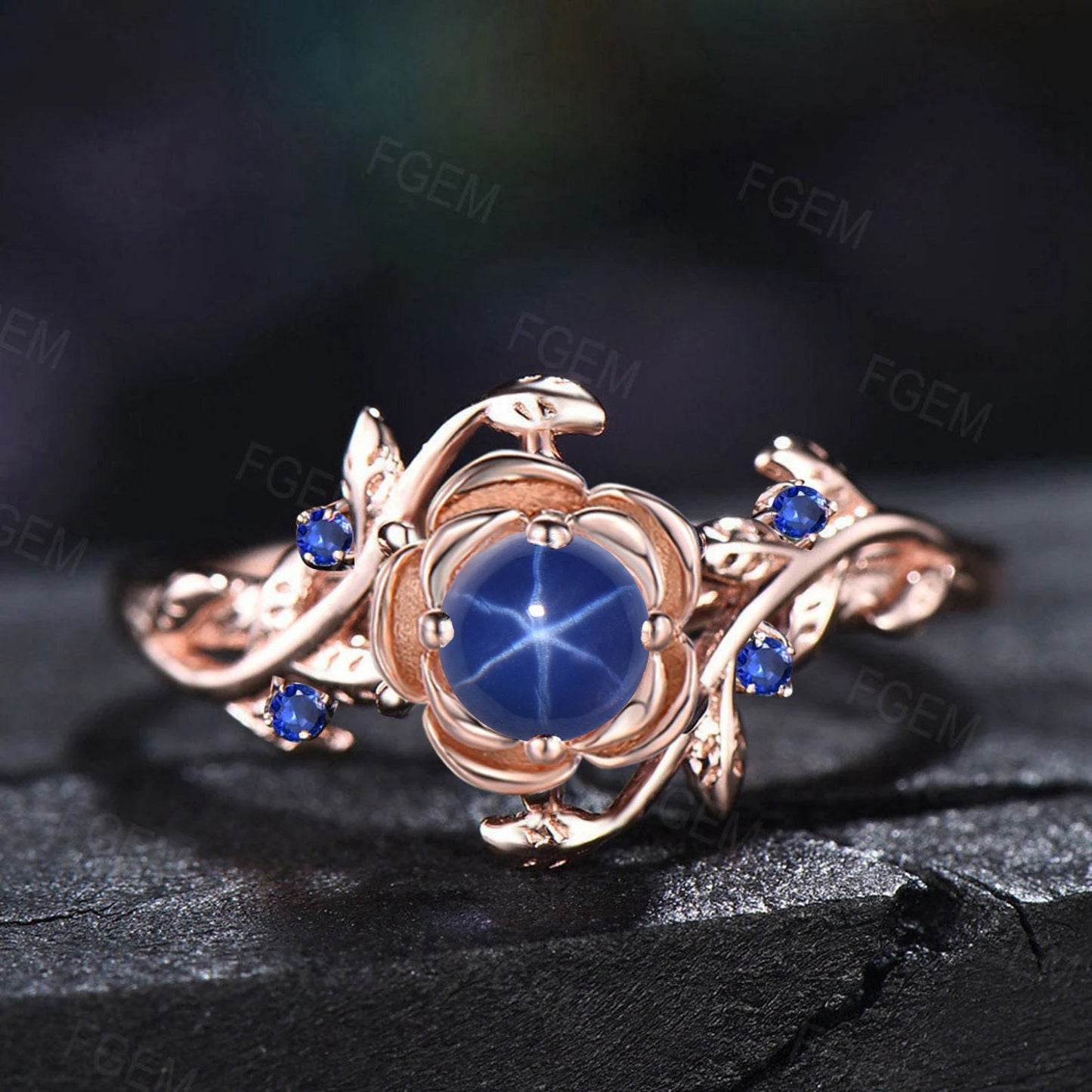 Rose Flower Engagement Ring Round Blue Star Sapphire Wedding Ring Floral Blue Star Ring Nature Inspired Leaf Blue Sapphire Ring Unique Gifts