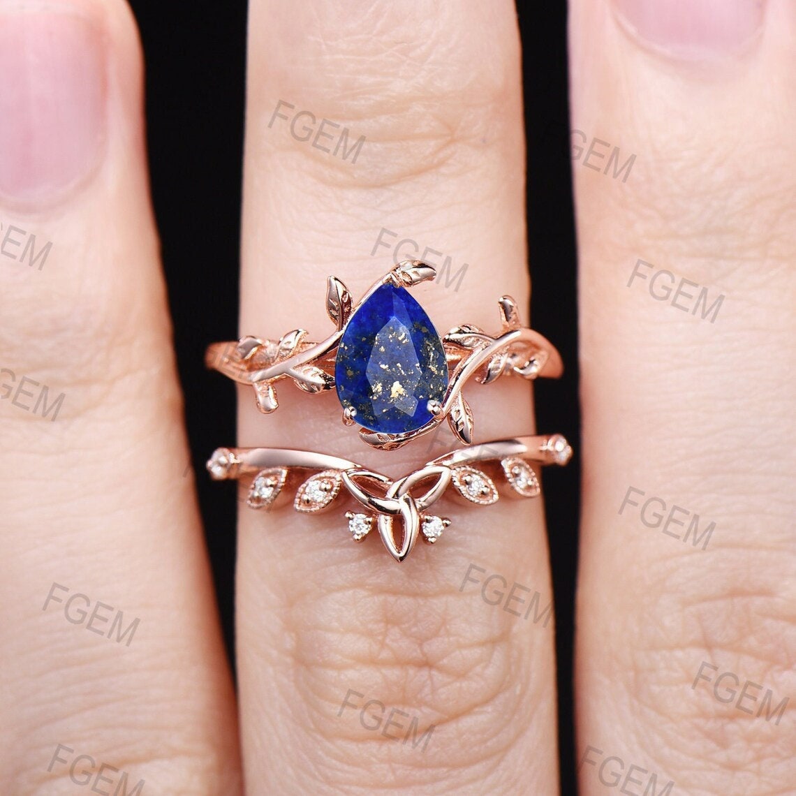 Nature Inspired Lapis Lazuli Engagement Ring Set Vintage Lapis Gold Celtic Bridal Set Pear Blue Lapis Jewelry Antique Noble Gift for Women