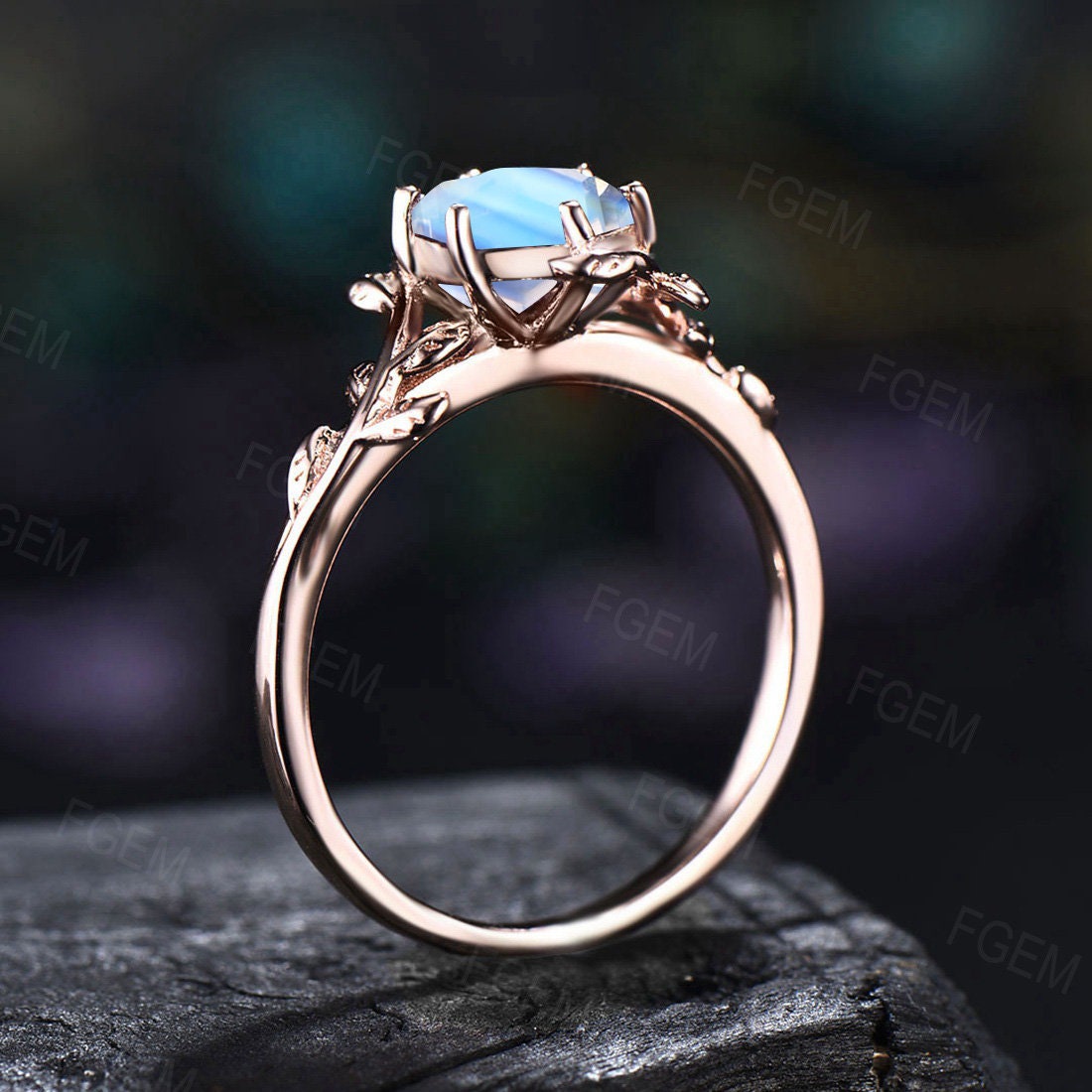 Rose Gold Real Moonstone Engagement Ring 1ct Hexagon Cut Leaf Natural Rainbow Moonstone Jewelry Nature Inspired Blue Moonstone Wedding Ring