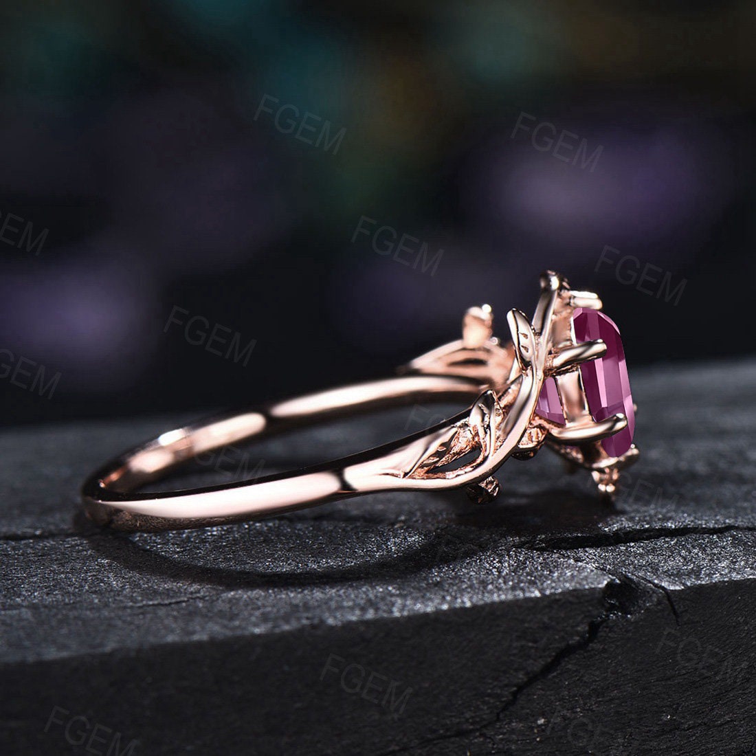 Natural Pink Tourmaline Engagement Ring Ring Vintage Nature Inspired Hexagon Tourmaline Ring Leaf Solitaire Ring Pink Gemstone Wedding Ring