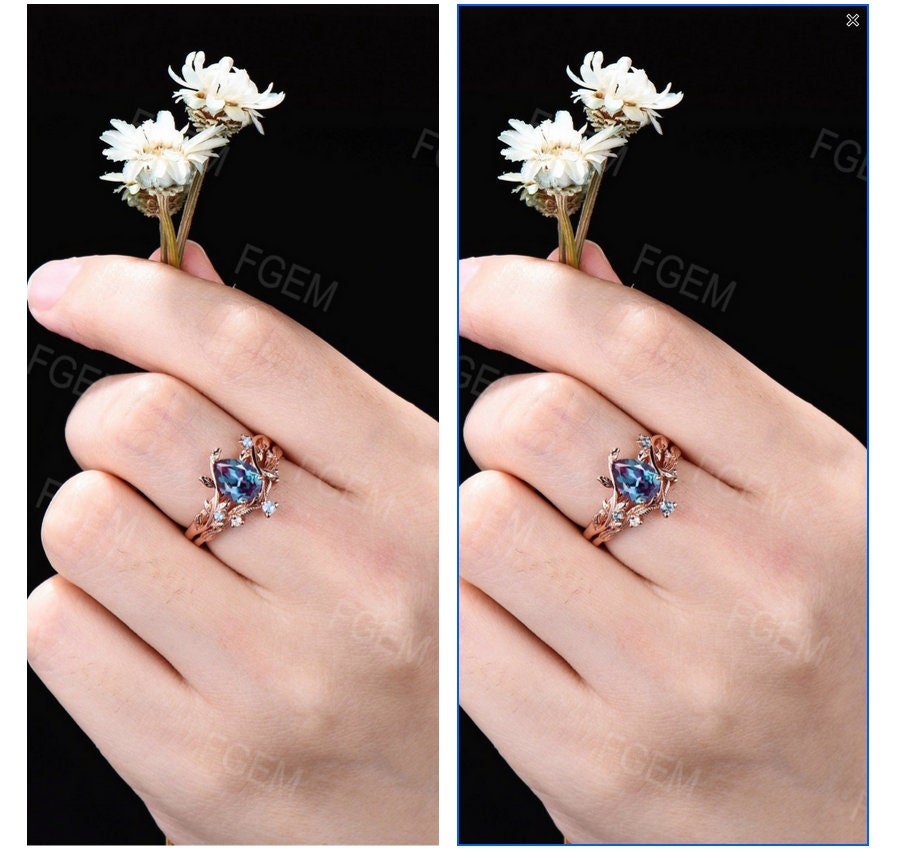 Branch Style Alexandrite Moonstone Ring Set 1.25ct Teardrop Alexandrite Engagement Ring June Birthstone Wedding Ring Leaf Nature Bridal Set