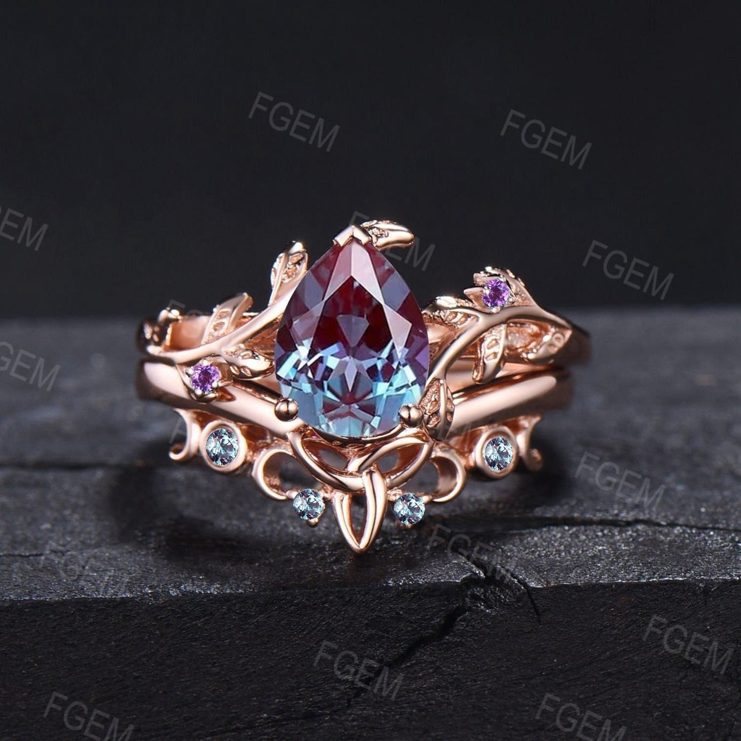 Nature Engagement Ring Set 10K/14K/18K Rose Gold 1.25ct Pear Shaped Leaves Alexandrite Amethyst Ring Celtic Knot Alexandrite Wedding Band