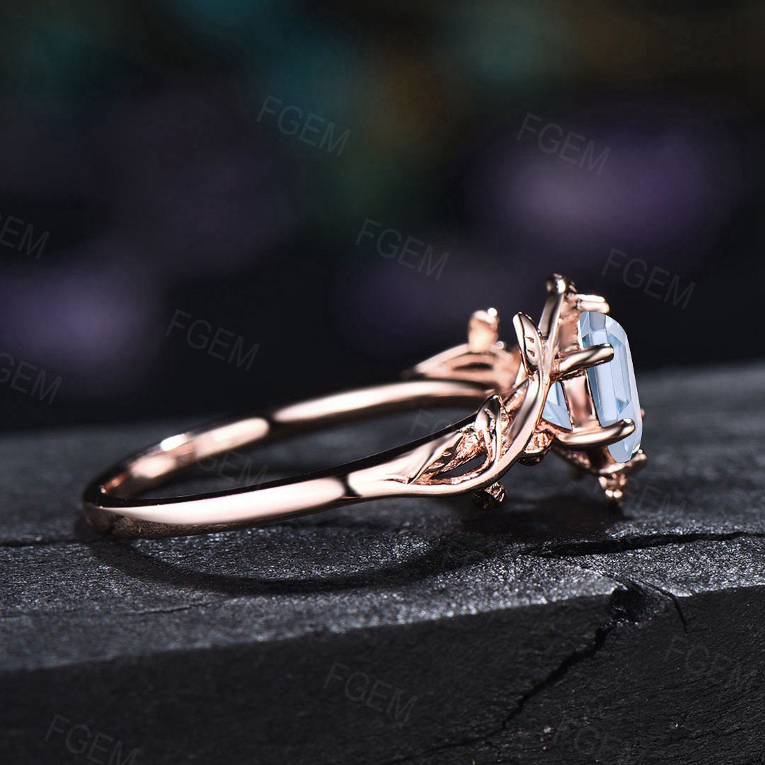 Dainty Hexagon Aquamarine Ring Nature Inspired Leaf Aquamarine Wedding Ring Vintage Light Blue Engagement Ring March Birthstone Jewelry Gift