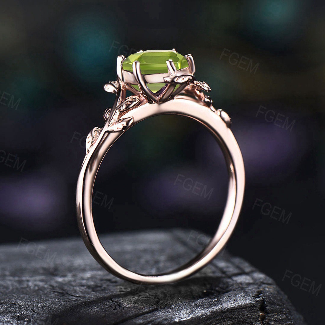 1ct Hexagon Natural Peridot Solitaire Ring Nature Inspired Leaf Peridot Wedding Ring Vintage Green Engagement Ring August Birthstone Jewelry