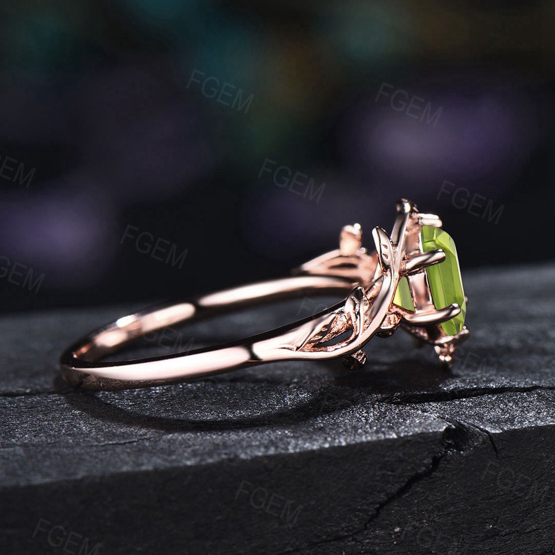 1ct Hexagon Natural Peridot Solitaire Ring Nature Inspired Leaf Peridot Wedding Ring Vintage Green Engagement Ring August Birthstone Jewelry