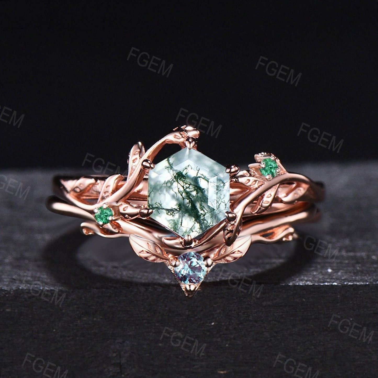1ct Hexagon Nature Inspired Moss Agate Wedding Ring Set Rose Gold Vintage Branch Leaf Emerald Alexandrite Bridal Set Unique Promise Gifts