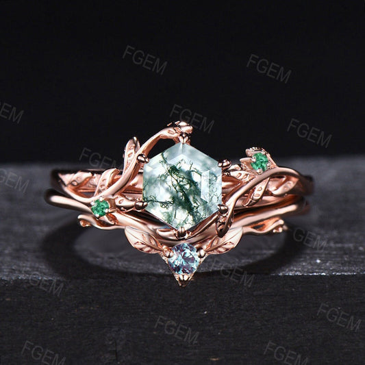 1ct Hexagon Nature Inspired Moss Agate Wedding Ring Set Rose Gold Vintage Branch Leaf Emerald Alexandrite Bridal Set Unique Promise Gifts