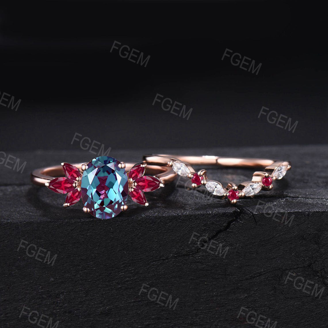 Alexandrite Ruby Engagement Ring Set Sterling Silver Vintage 1.5ct Oval Alexandrite Ring Set Red Ruby Moissanite Wedding Band Unique Gifts