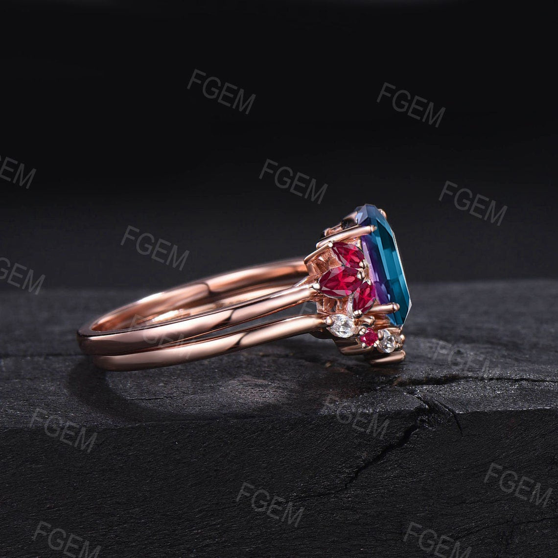 Alexandrite Ruby Engagement Ring Set Sterling Silver Vintage 1.5ct Oval Alexandrite Ring Set Red Ruby Moissanite Wedding Band Unique Gifts