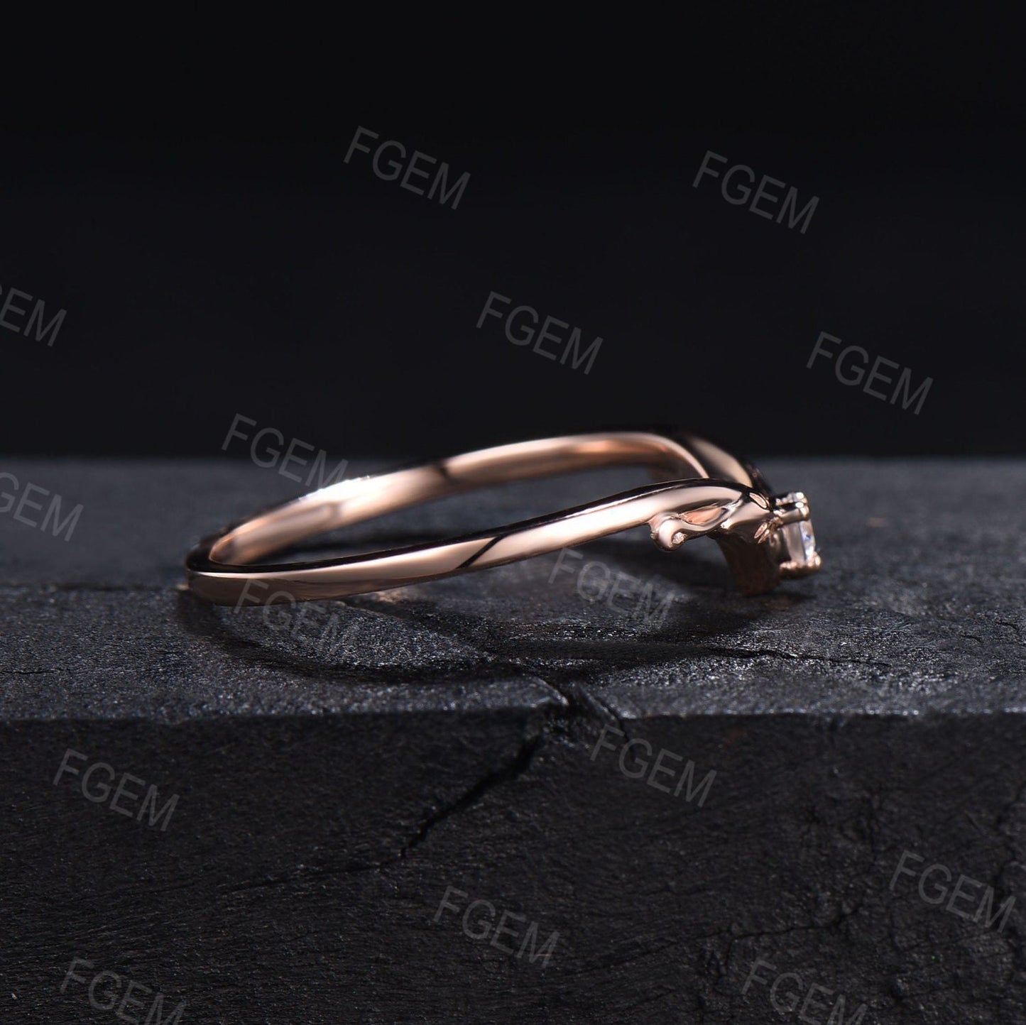 Moissanite Leaf Wedding Band Women Vintage 14k Rose Gold Diamond Filigree Nature Inspired Botanical Curved Ring Leaf Matching Stacking Band