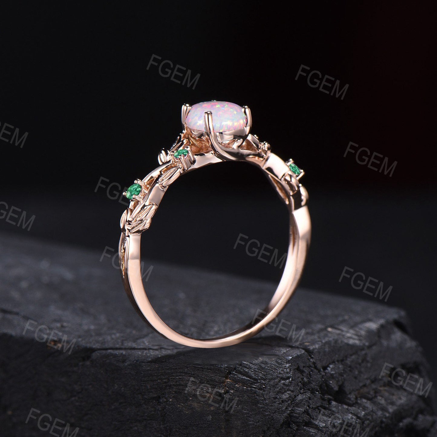 Leaf Opal Engagement Rings Vintage 14K Rose Gold 1.25ct Pear Shaped Unique Nature Inspired Opal Wedding Ring Set Green Emerald Wedding Band