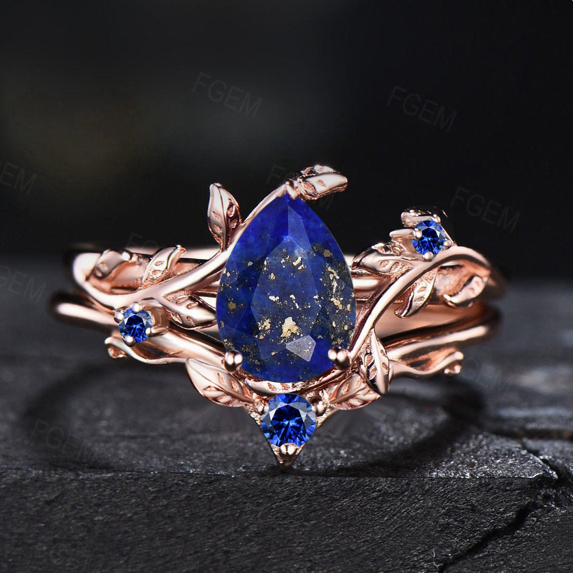 Nature Inspired Pear Lapis Lazuli Engagement Ring Set Natural Lapis Gold Leaf Ring Set 1.25CT Blue Lapis Jewelry Blue Sapphire Wedding Ring