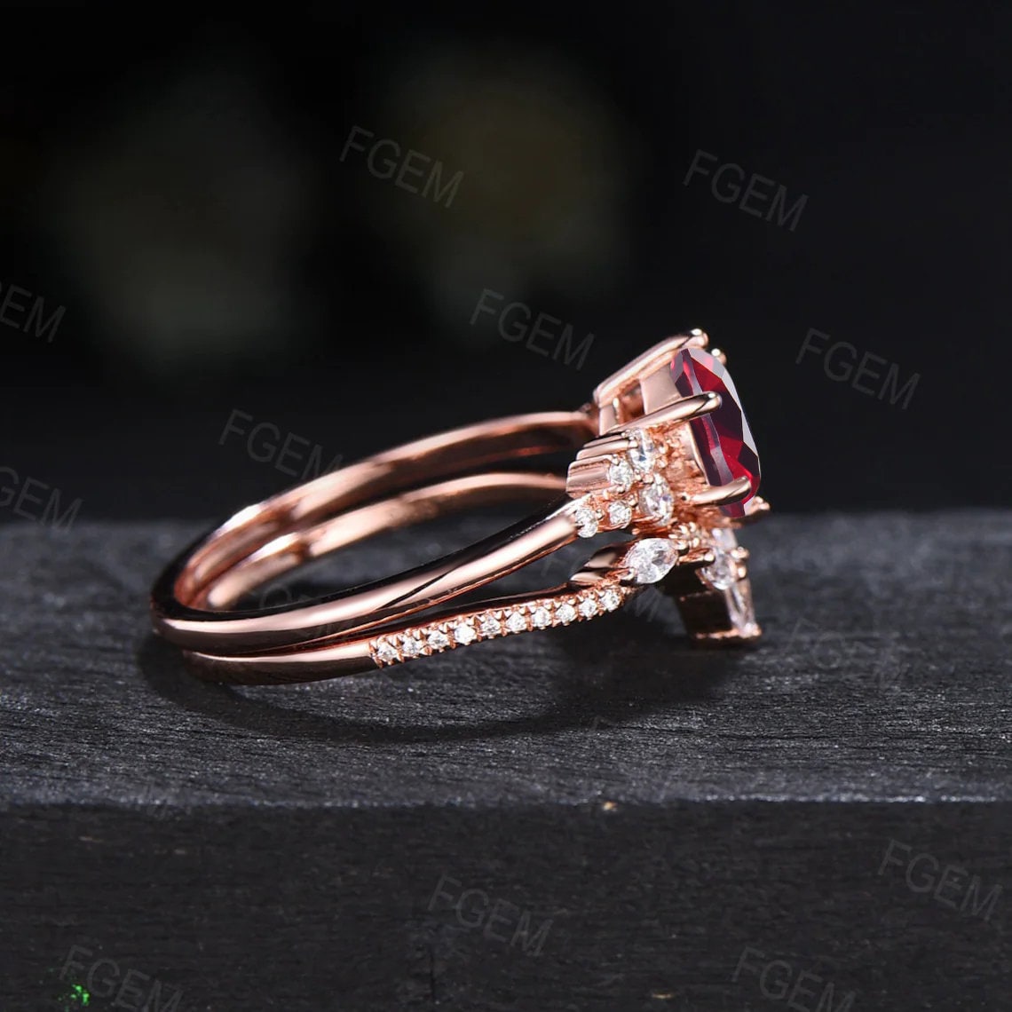 1ct Round Red Ruby Engagement Ring Set Dainty Ruby Diamond Cluster Bridal Ring Set Leaf Wedding Ring Unique Promise/Anniversary Gifts Women