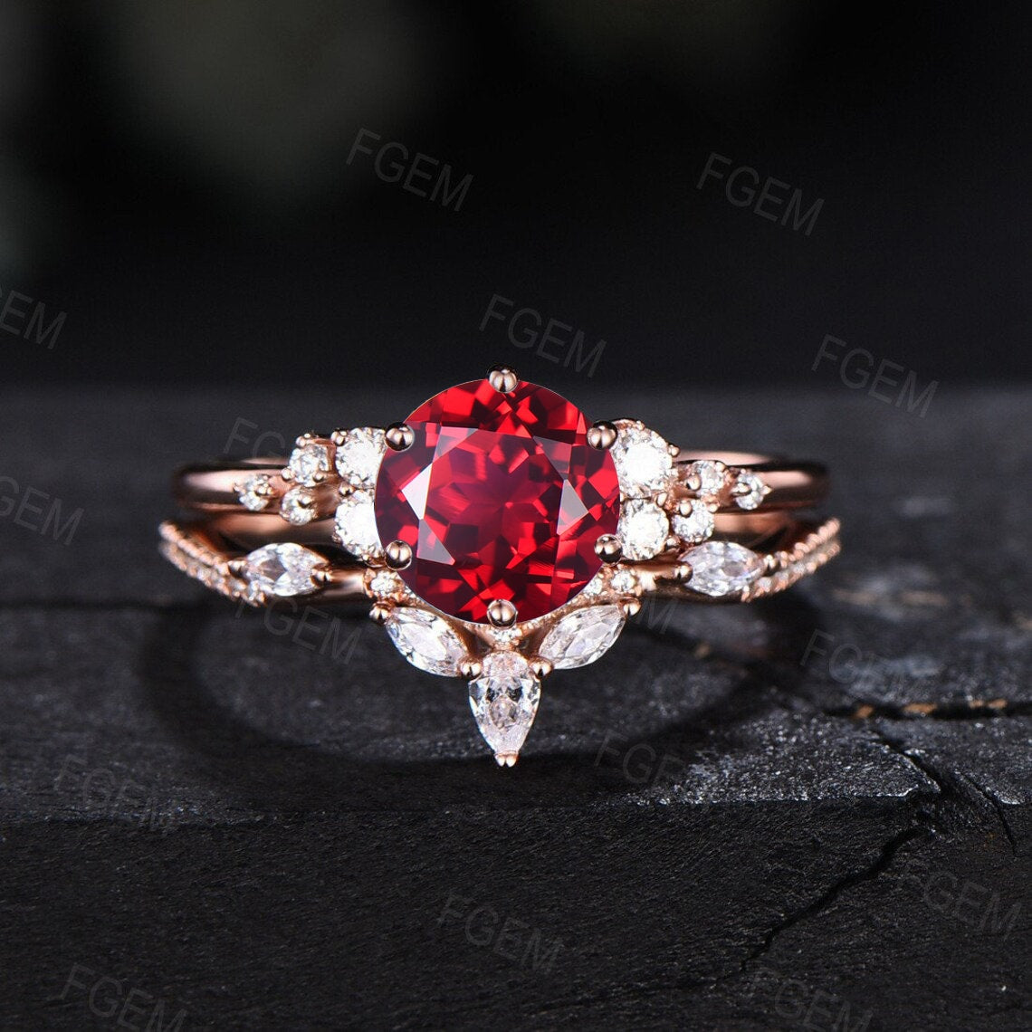 1ct Round Red Ruby Engagement Ring Set Dainty Ruby Diamond Cluster Bridal Ring Set Leaf Wedding Ring Unique Promise/Anniversary Gifts Women