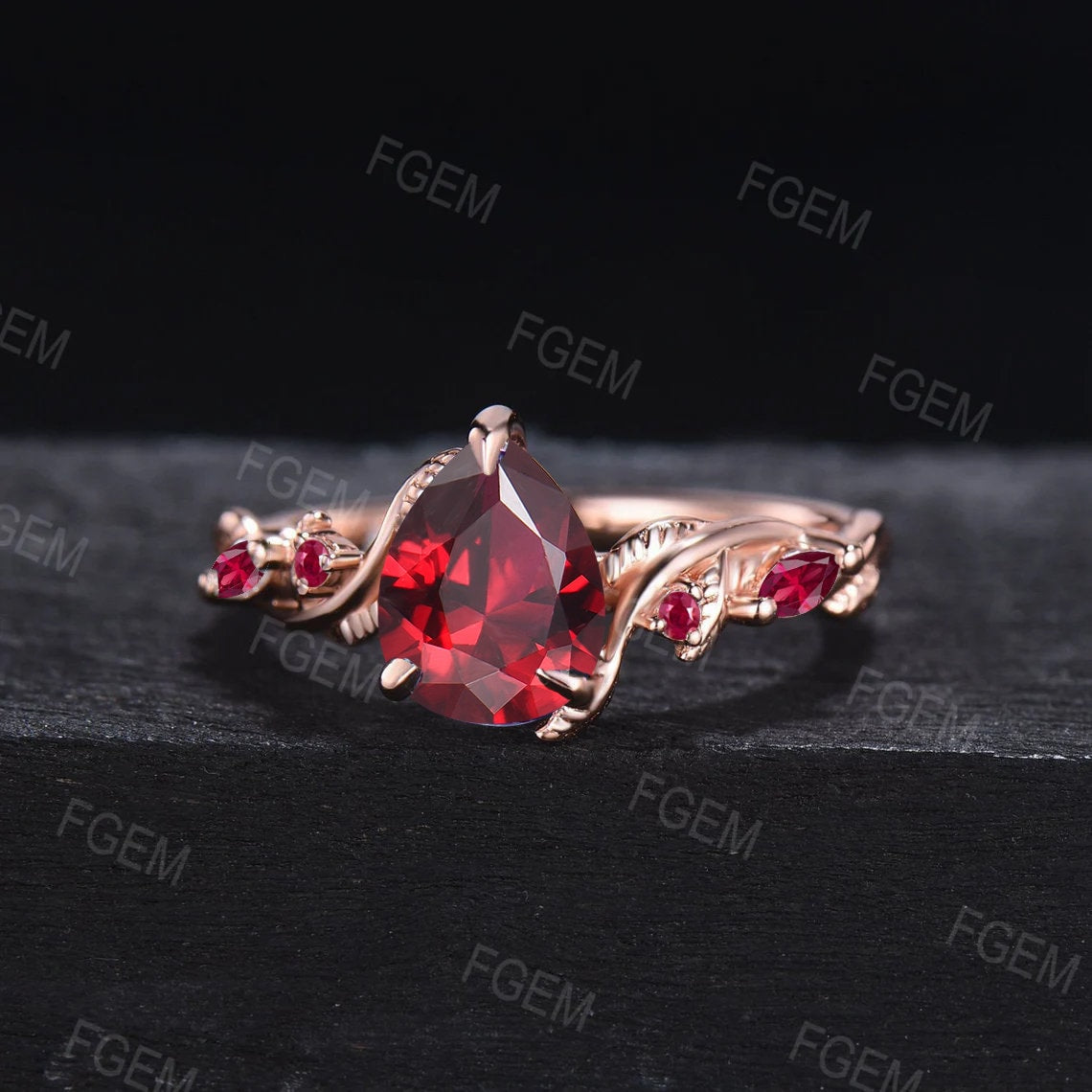 Twist Leaf Red Ruby Ring 1.25ct Pear Ruby Gemstone Jewelry 10K Rose Gold Nature Inspired Ruby Engagement Ring July Birthstone Christmas Ring