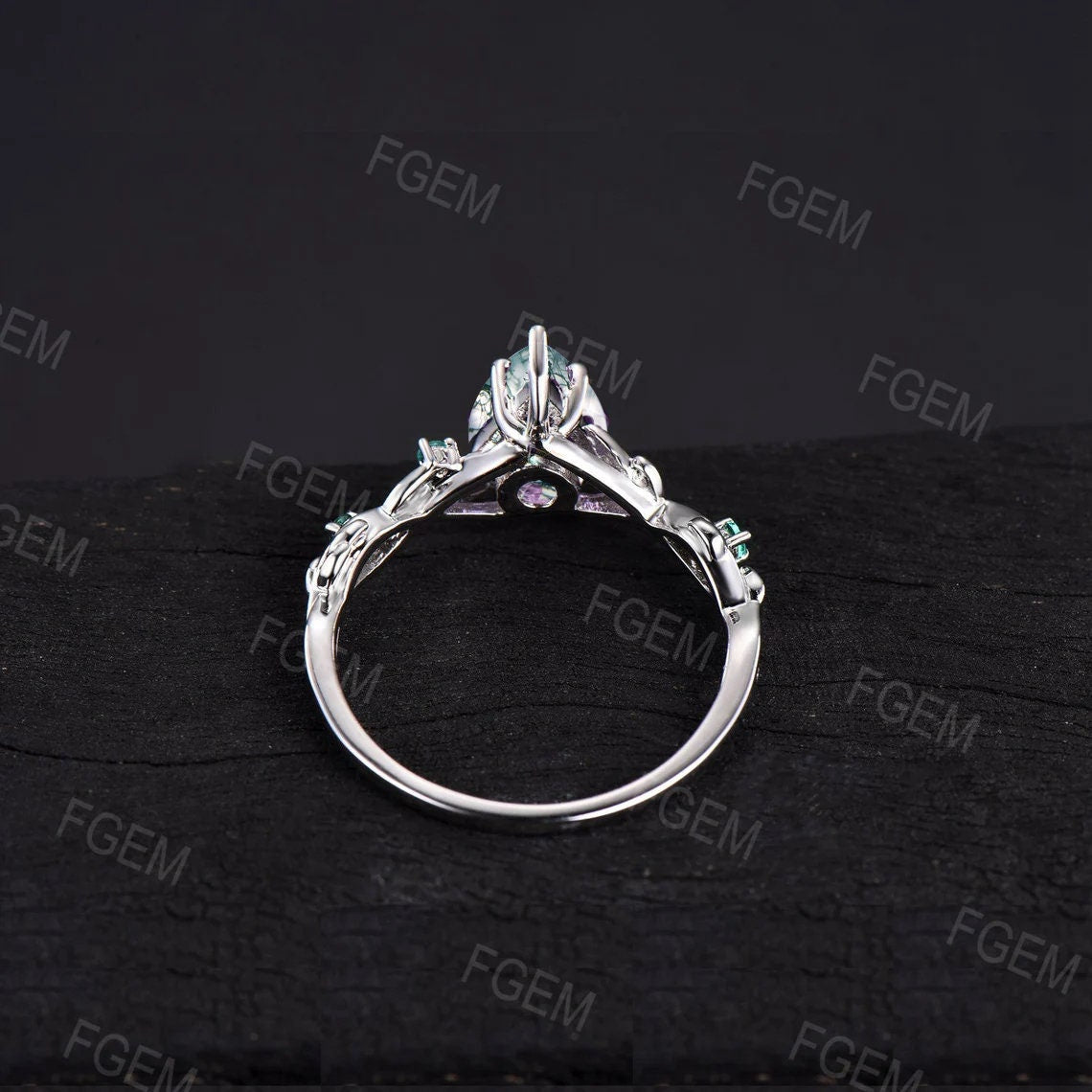 Nature Inspired Kite Cut Moss Agate Ring 14k Rose Gold Natural Moss Agate Leaf Engagement Ring Emerald Vine Wedding Ring Unique Promise Gift