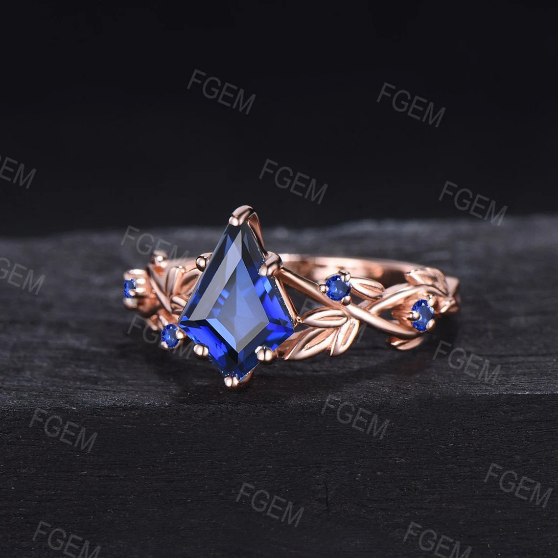 Nature Inspired Blue Sapphire Engagement Ring Vintage 1ct Kite Blue Sapphire Ring September Birthstone Jewelry Twist Leaf Blue Wedding Ring