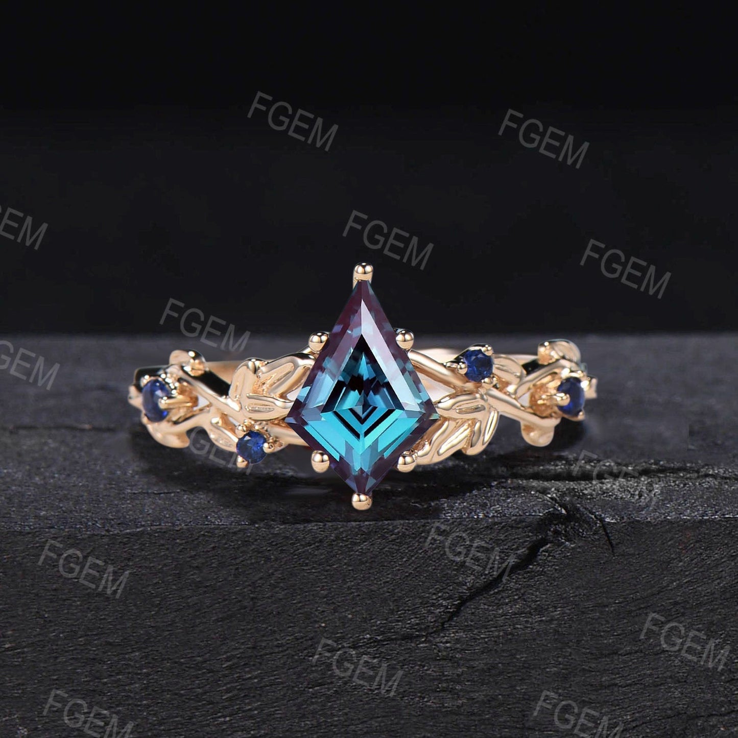 Nature Inspired Color-Change Alexandrite Ring Kite Cut Alexandrite Engagement Ring Leaf Vine Blue Sapphire Wedding Ring Unique Promise Gift