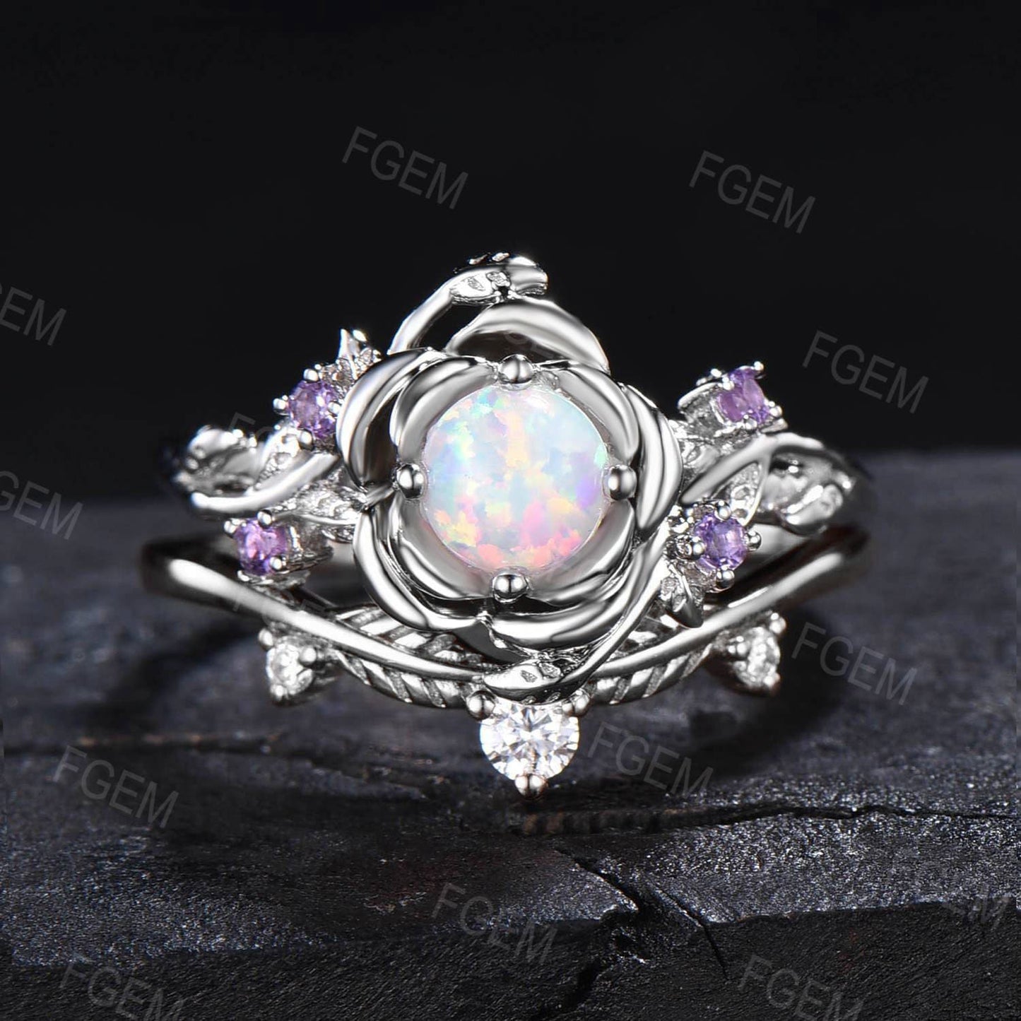 Rose Flower Opal Engagement Ring Set 5mm Round Cut White Opal Floral Wedding Ring Nature Inspired Leaf Amethyst Ring October Birthstone Gift