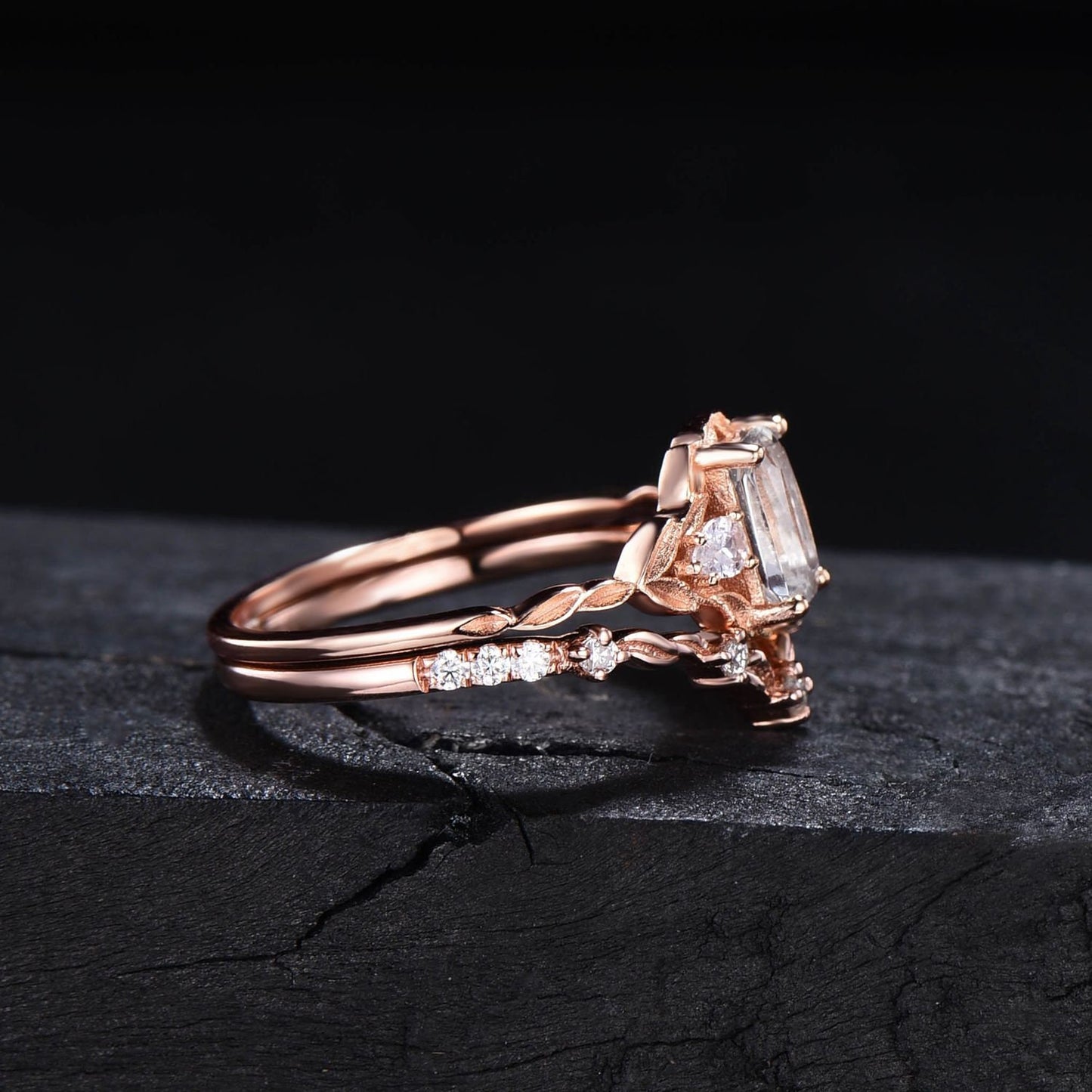 Nature Inspired Twig Moissanite Engagement Ring Set Emerald Cut Moissanite Diamond Three Stone Wedding Ring Leaf Vine Ring Branch Bridal Set