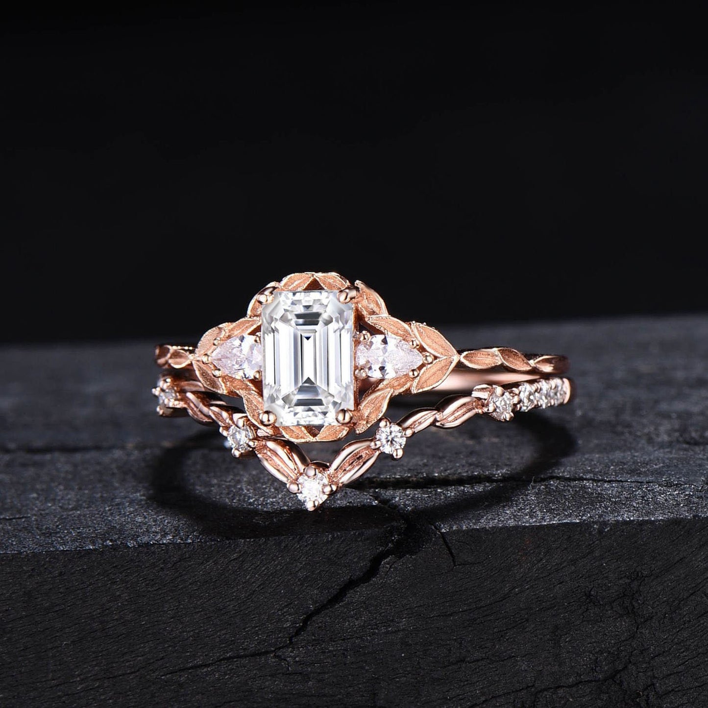 Nature Inspired Twig Moissanite Engagement Ring Set Emerald Cut Moissanite Diamond Three Stone Wedding Ring Leaf Vine Ring Branch Bridal Set
