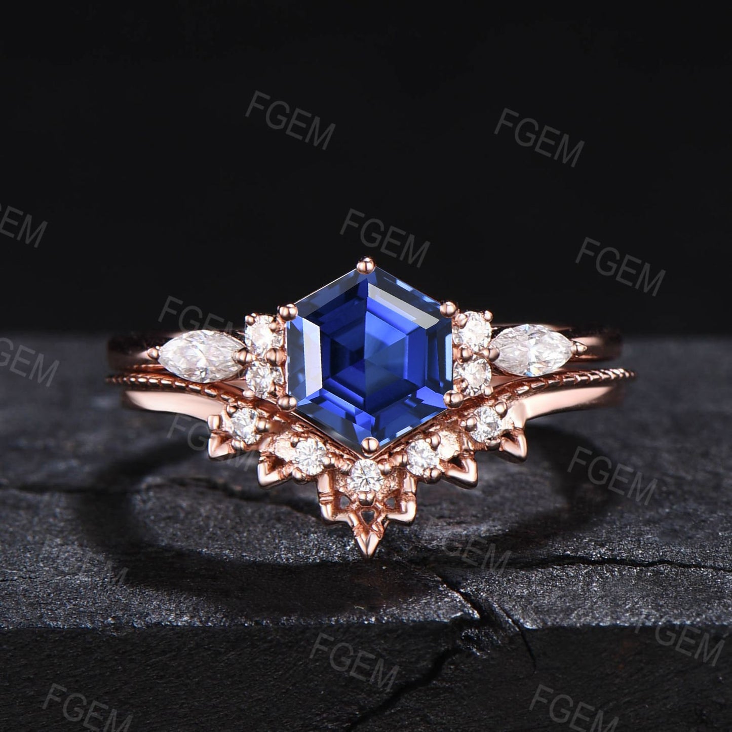 1ct Blue Sapphire Engagement Ring Set Vintage Hexagon Bridal Set September Birthstone Wedding Ring Blue Gemstone Promise Ring Gift for Women