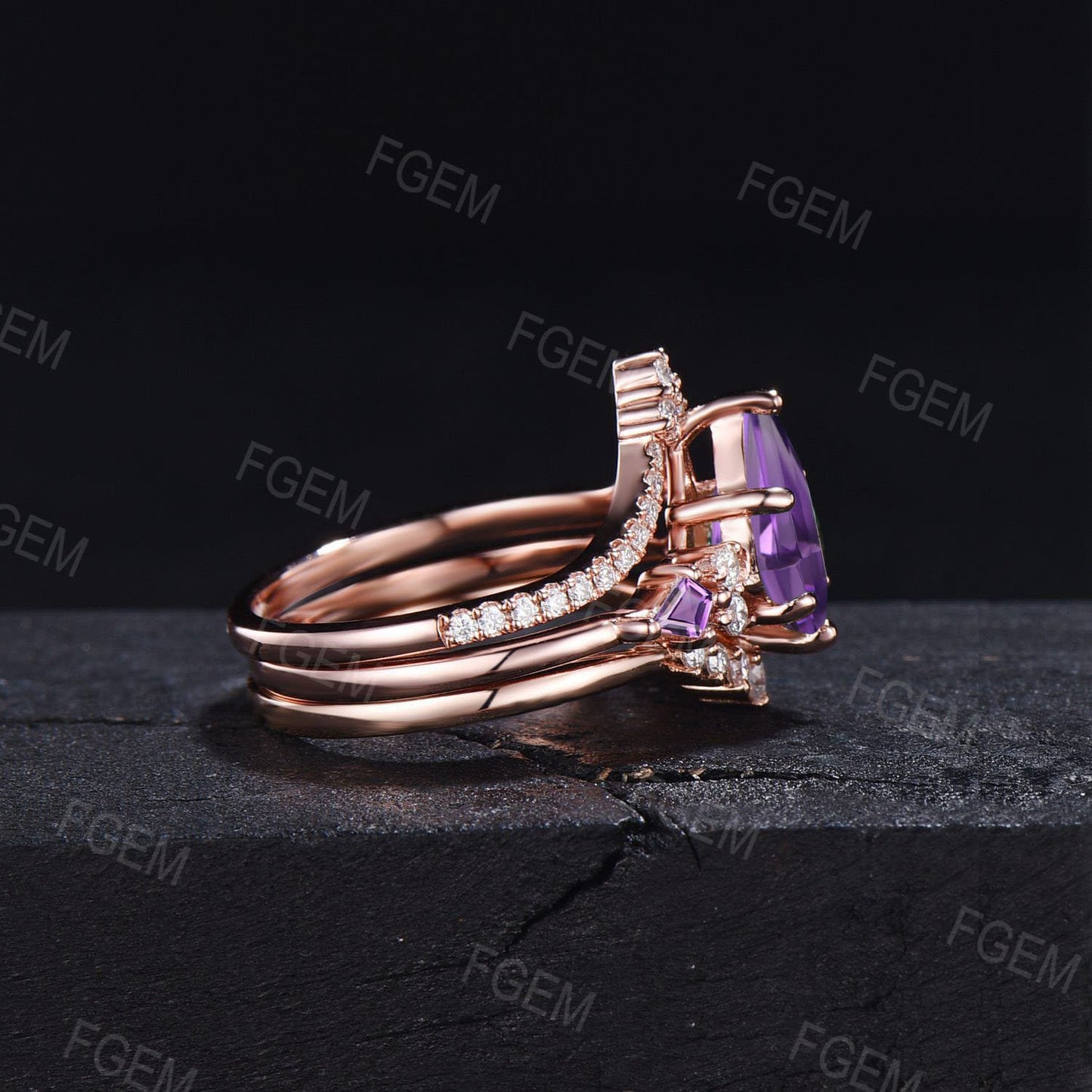 Kite Amethyst Moissanite Bridal Set Vintage 10K/14K/18K Rose Gold February Birthstone Wedding Ring Purple Crystal Anniversary Promise Gifts