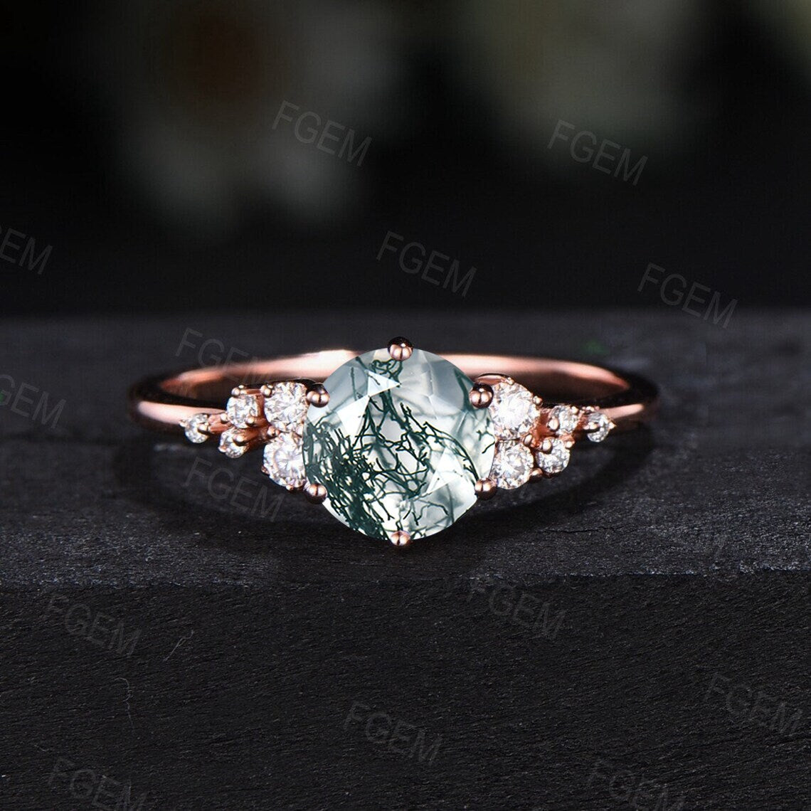 1ct Round Cut Natural Green Moss Agate Snowdrift Engagement Ring Set 14k Rose Gold Cluster CZ Diamond Leaf Wedding Ring Set Anniversary Gift