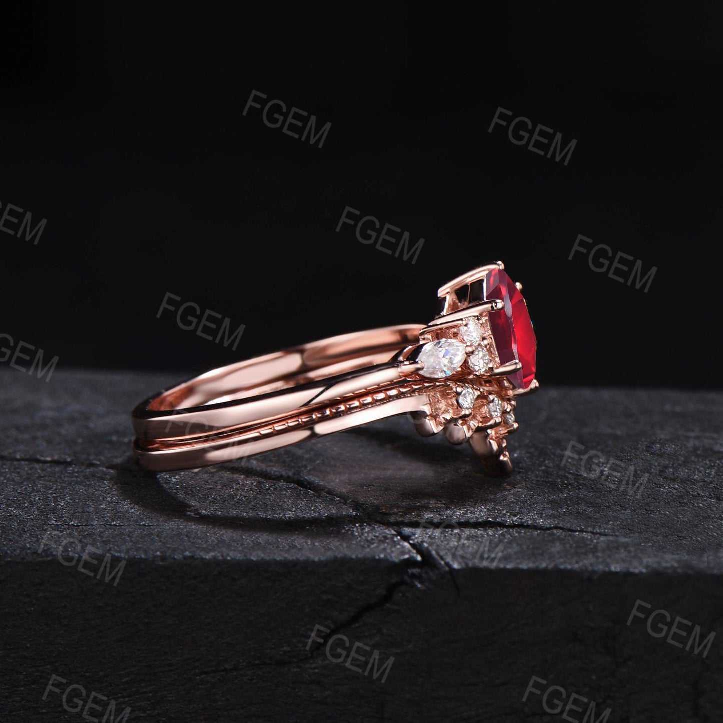 Sterling Silver Red Gemstone Jewelry Vintage 1ct Hexagon Ring Set Ruby Engagement Ring Set Anniversary/Birthday Gift July Birthstone Ring