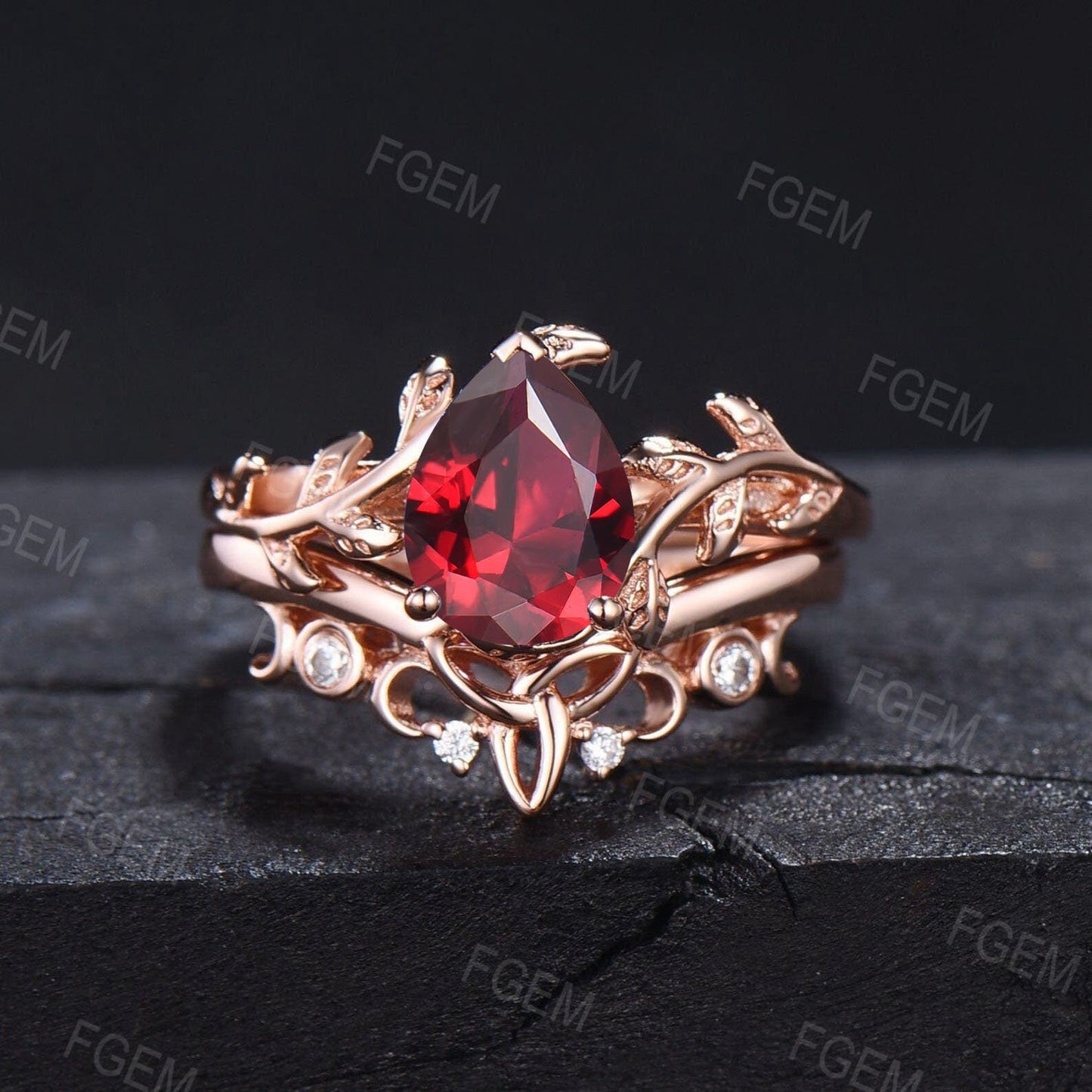 July Birthstone Wedding Ring 1.25ct Pear Red Ruby Ring Set Ruby Gemstone Jewelry Nature Ruby Celtic Bridal Ring Set Anniversary Gift Women