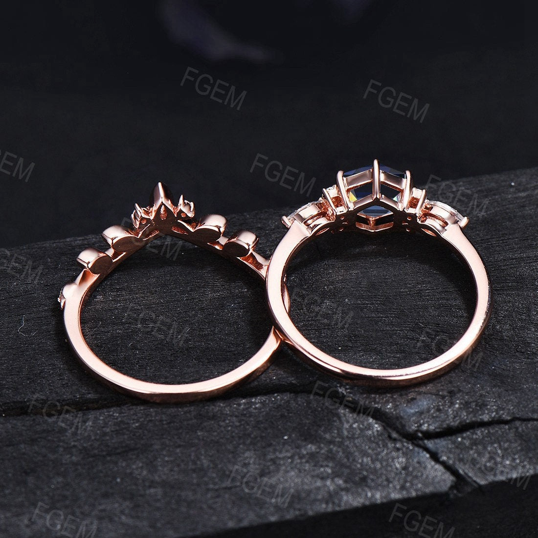 Hexagon Cut Blue Sapphire Ring Set 2pc Sterling Silver Hypoallergenic Promise Ring Birthday Anniversary Gift Blue Sapphire Celtic Bridal Set