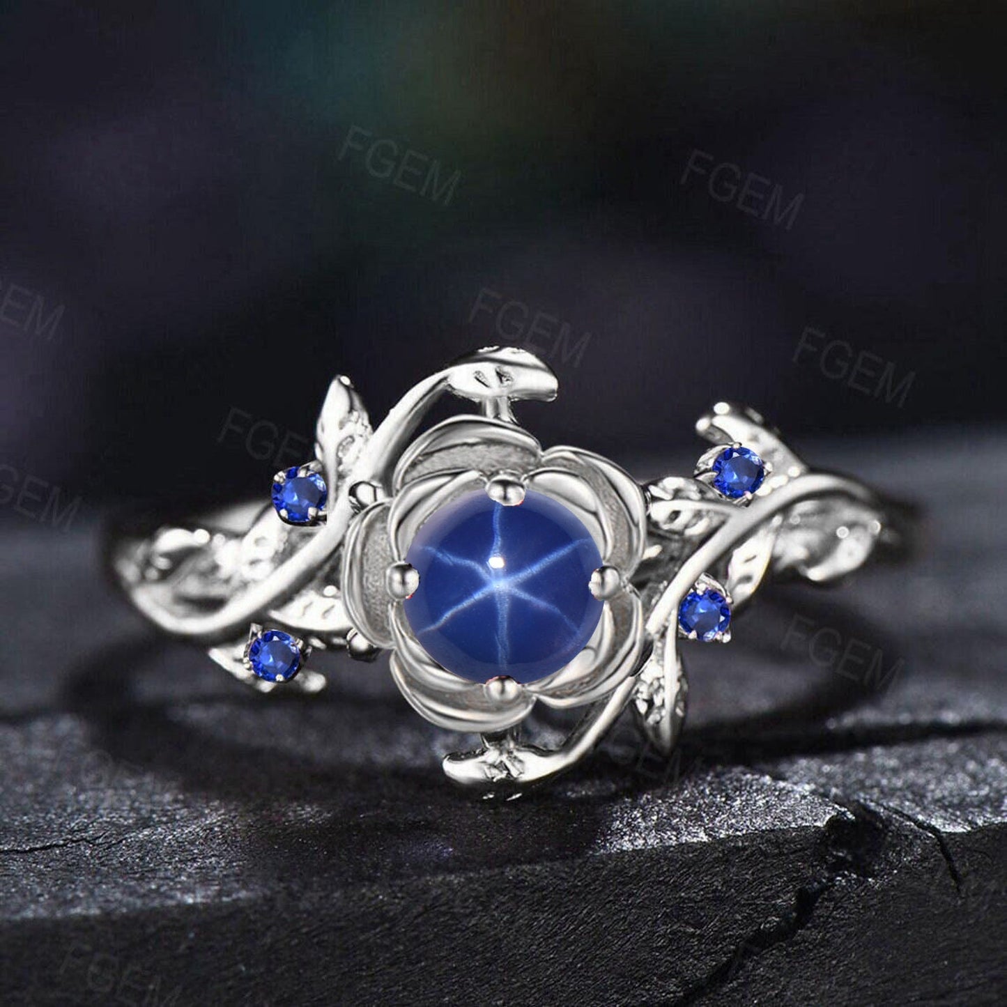 Rose Flower Engagement Ring Round Blue Star Sapphire Wedding Ring Floral Blue Star Ring Nature Inspired Leaf Blue Sapphire Ring Unique Gifts