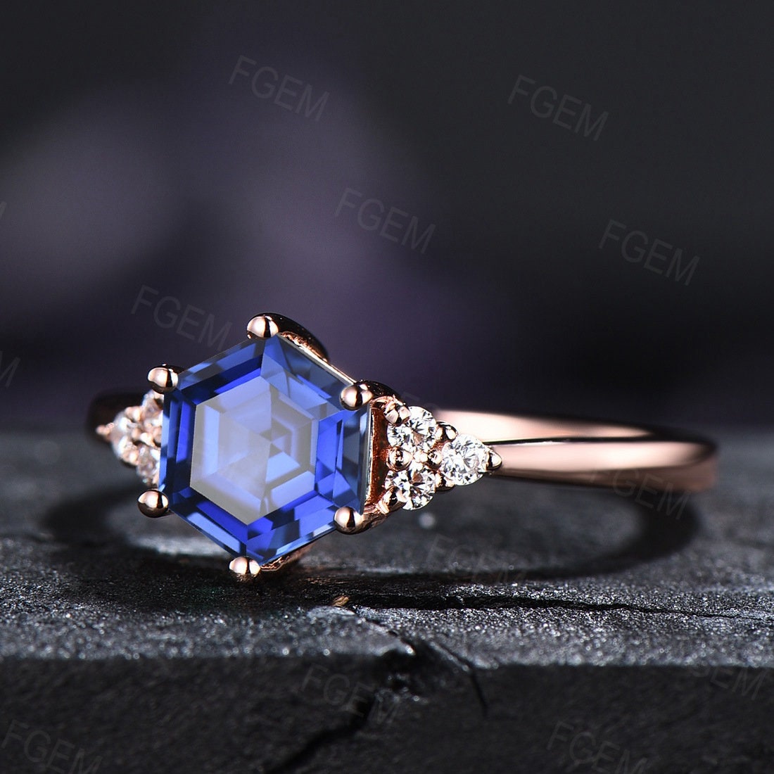 Sterling Silver Hexagon Blue Sapphire Engagement Ring Vintage Blue Sapphire Promise Ring September Birthstone 1ct Blue Gemstone Ring Women