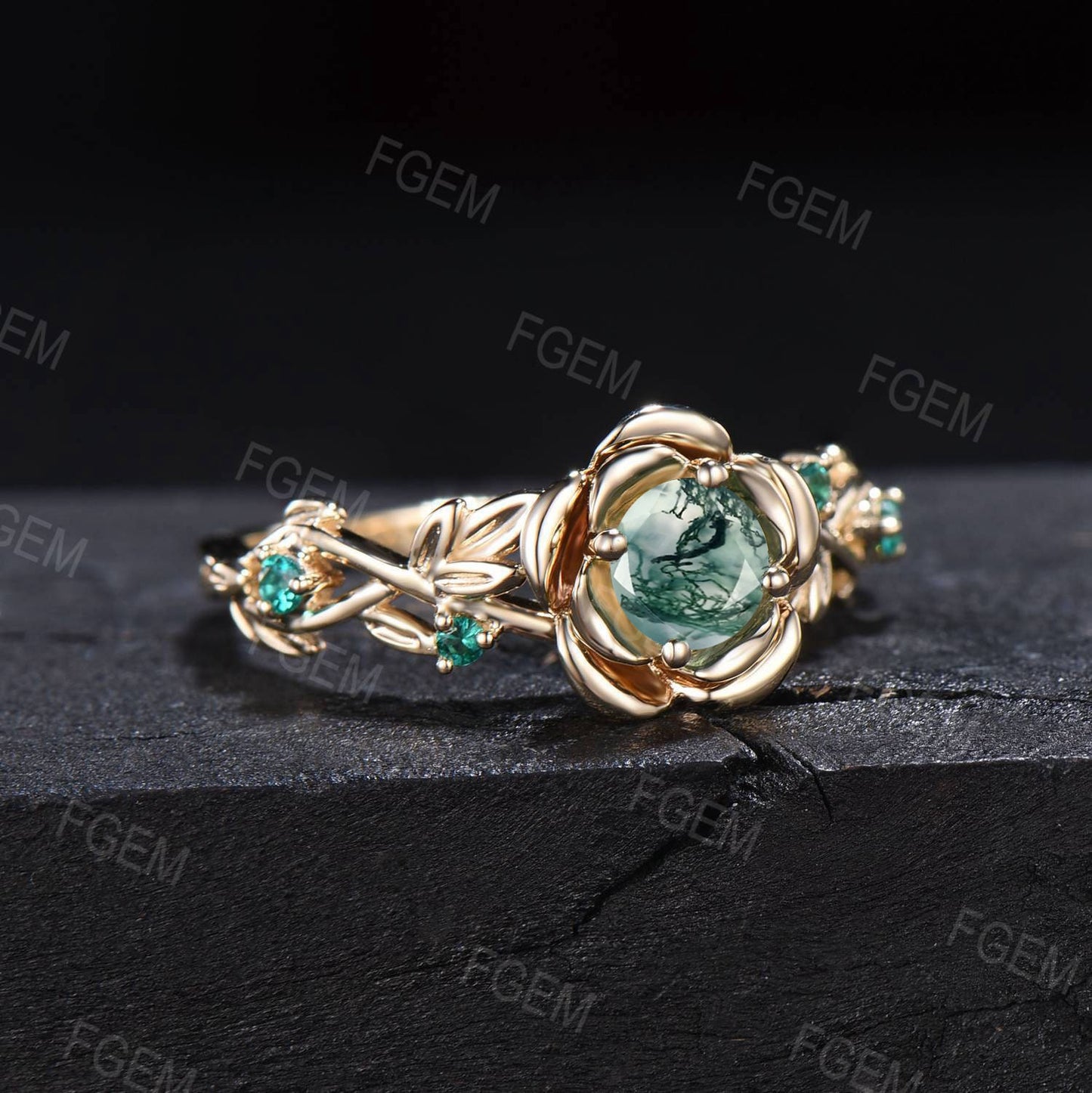 Natural Moss Agate Rose Flower Engagement Ring 10K Rose Gold Round Cut Moss Agate Leaf Floral Nature Ring Alternative Green Gemstone Jewelry