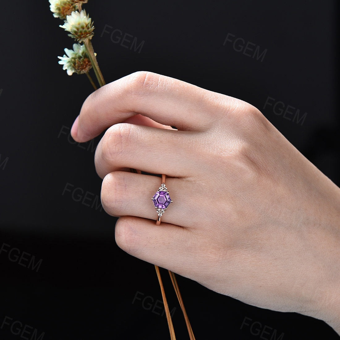 February Birthstone Wedding Ring Purple Crystal Ring 1ct Hexagon Cut Natural Amethyst Engagement Ring Sterling Silver Purple Gemstone Ring